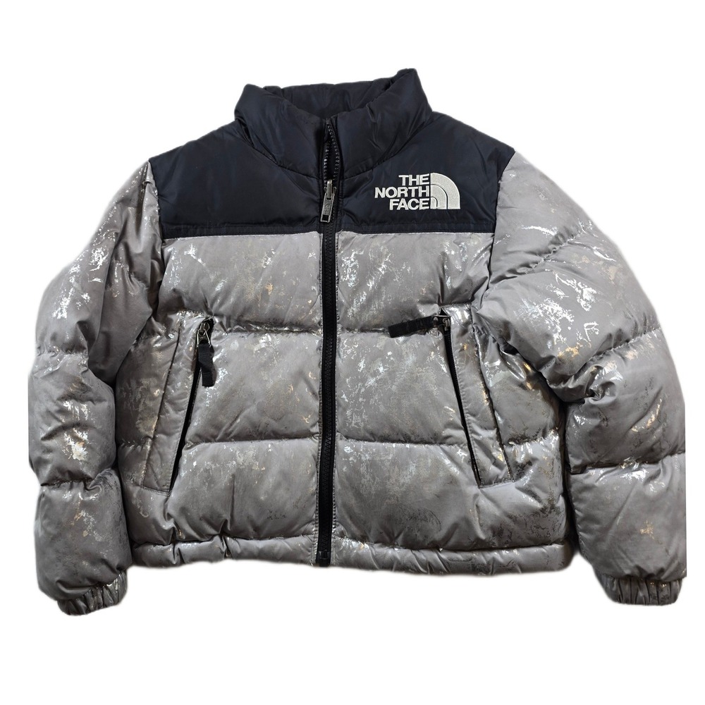 The North Face Puffer Jacket Girls Teen XS Silver Black Down Nuptse Metallic